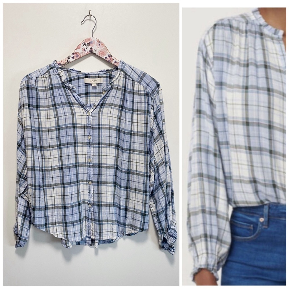 LOFT Blue & White Plaid Peasant Billowy Sleeve Button Down Blouse Top Size Small